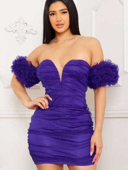 ID9333JP - GLITTERED LAYERED PUFF RUFFLE SLEEVE MINI DRESS