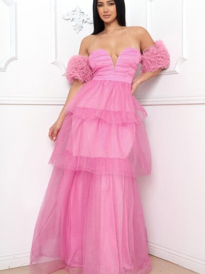 IDM9622JP - MESH RUFFLE OFF THE SLEEVE MAXI DRESS