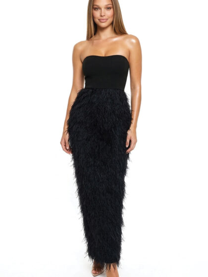 IDM9681SP - TUBE TOP FRILL FAUX FUR MAXI DRESS