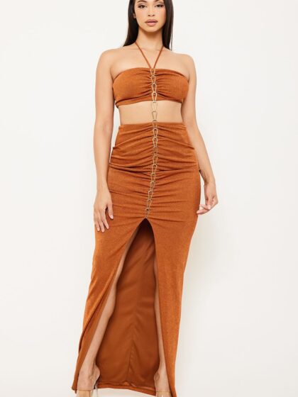 IDM9952SP - METAL CHAIN FRONT HALTER TOP TWO PIECE MAXI DRESS
