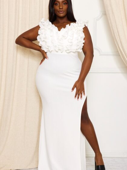 IXD9075JP - RUFFLE BUST OFF THE SHOULDER PLUS SIZE MAXI DRESS