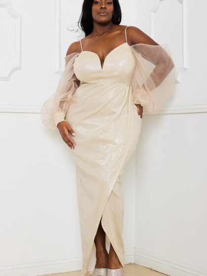 IXD9780SP - GLITTERED MESH SLEEVE PLUS SIZE MAXI DRESS
