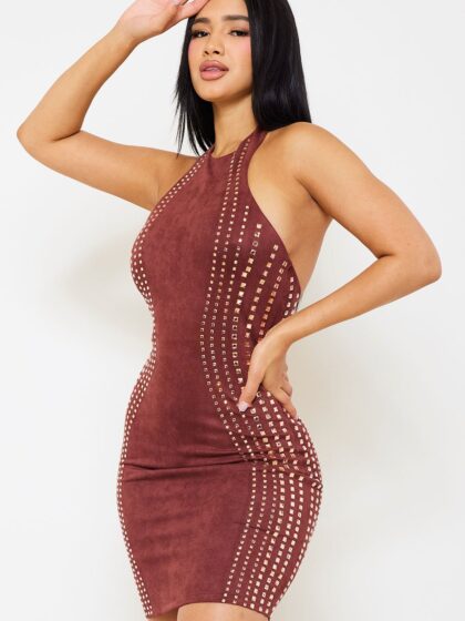 SD1102JP - MULTI RHINESTONE STRAP SUADE MINI DRESS