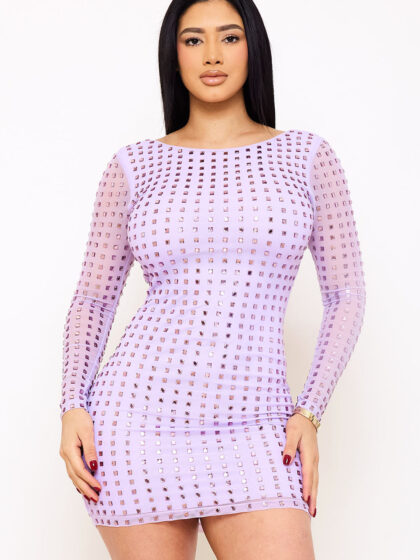 SD1145JP - SQUARE RHINESTONE LONG SLEEVE MINI DRESS