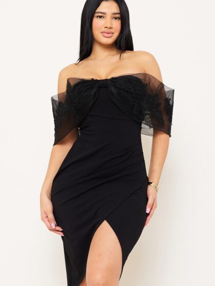 SD1180SP - EMBROIDERED LACE APPLIQUE FLOWER  MESH MIDI DRESS