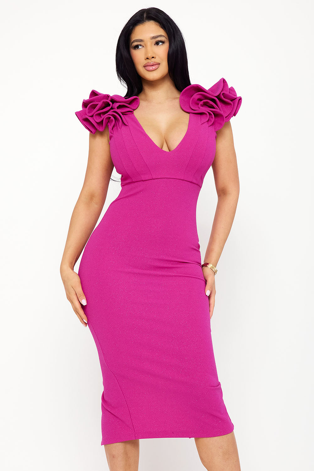 SD1762AP - GLITTER RUFFLE SHOULDER MIDI DRESS