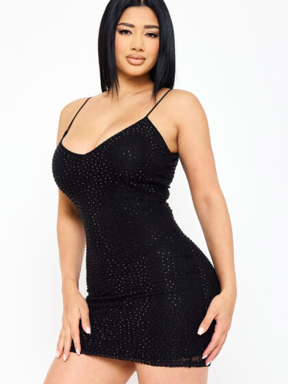 SD1917AP - RHINESTONE WITH STICHING DETAILED MINI DRESS
