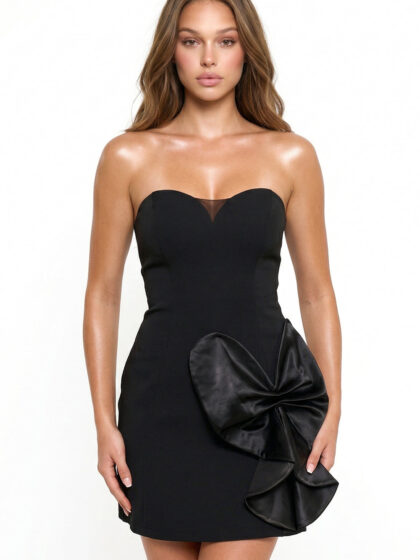 SD2164HP - SATIN BOW DETAIL FABRIC CONTRAST MINI DRESS