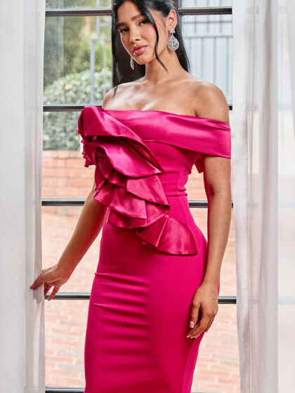 SD2240JP - SATIN LAYER RUFFLE ACROSS THE FRONT MIDI DRESS