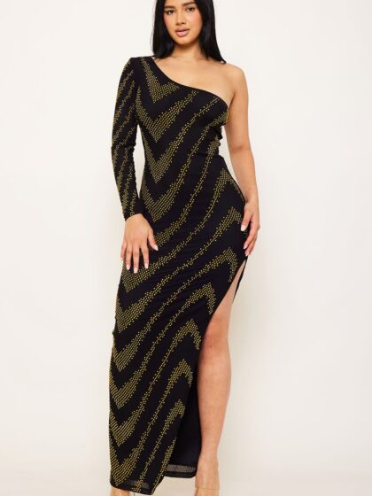 SDM1024JP - PATTERNED RHINESTONE ONE SHOULDER MAXI DRESS