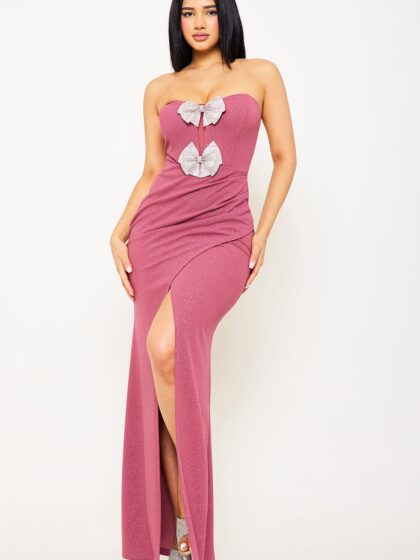 SDM1105JP - GLITTERED WITH RHINESTONE BOW FRONT MAXI DRESS