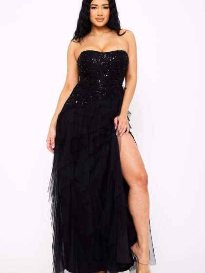 SDM1484JP - SEQUIN ON LACE WITH LAYERS OF MESH MAXI DRESS