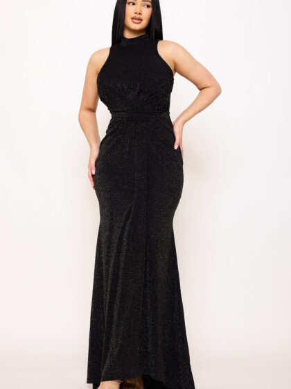 SDM1556SP - METALLIC KNIT GLITTER HALTER NECK MAXI DRESS