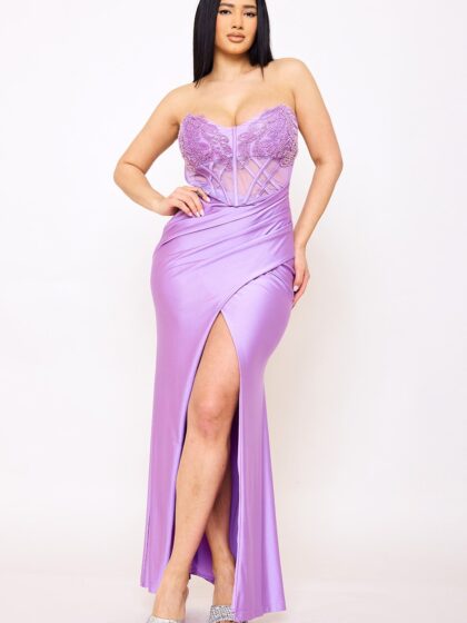 SDM1560JP- LACE CORSET BODICE WITH SATIN CONTRAST MAXI DRESS