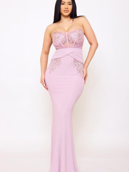 SDM1607JP - FLORAL EMBROIDERED APPLIQUE TOP MAXI DRESS