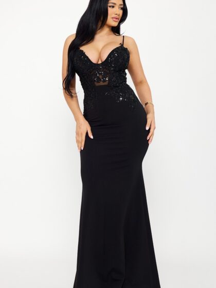 SDM1622AP - LACE CORSET BODICE CONTRAST MAXI DRESS