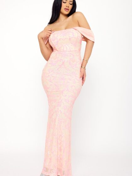 SDM1653JP -  SEQUIN SCROLL PATTERN ON MESH MAXI DRESS