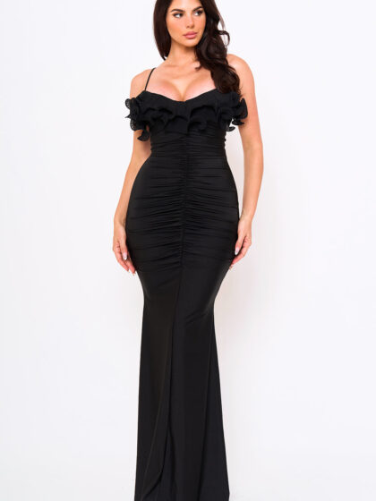 SDM1899HP - PLEATED RUFFLE ON POWER SATIN MAXI DRESS
