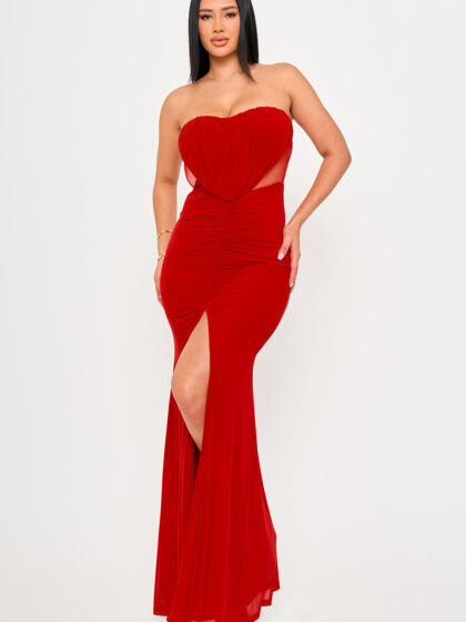 SDM1951HP - SHIRRING DETAIL WITH MESH SIDE MAXI DRESS