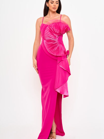 SDM2111HP - TULLE MESH FOLDED RUFFLE ON THE SIDE MAXI DRESS