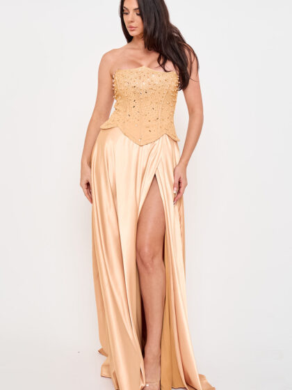 SDM2204JP - GRADATION RHINESTONE TOP SATIN SKIRT MAXI DRESS